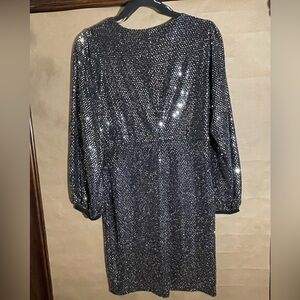 Elegant Black Sequined Sheath Dress with V-Neck and Bishop Sleeves
